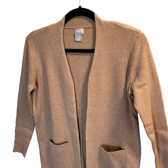 Chico's Petite Ribbed Front Pocket Long Cardigan Sweater Tan Khaki Size 0P Cozy - Picture 3 of 15